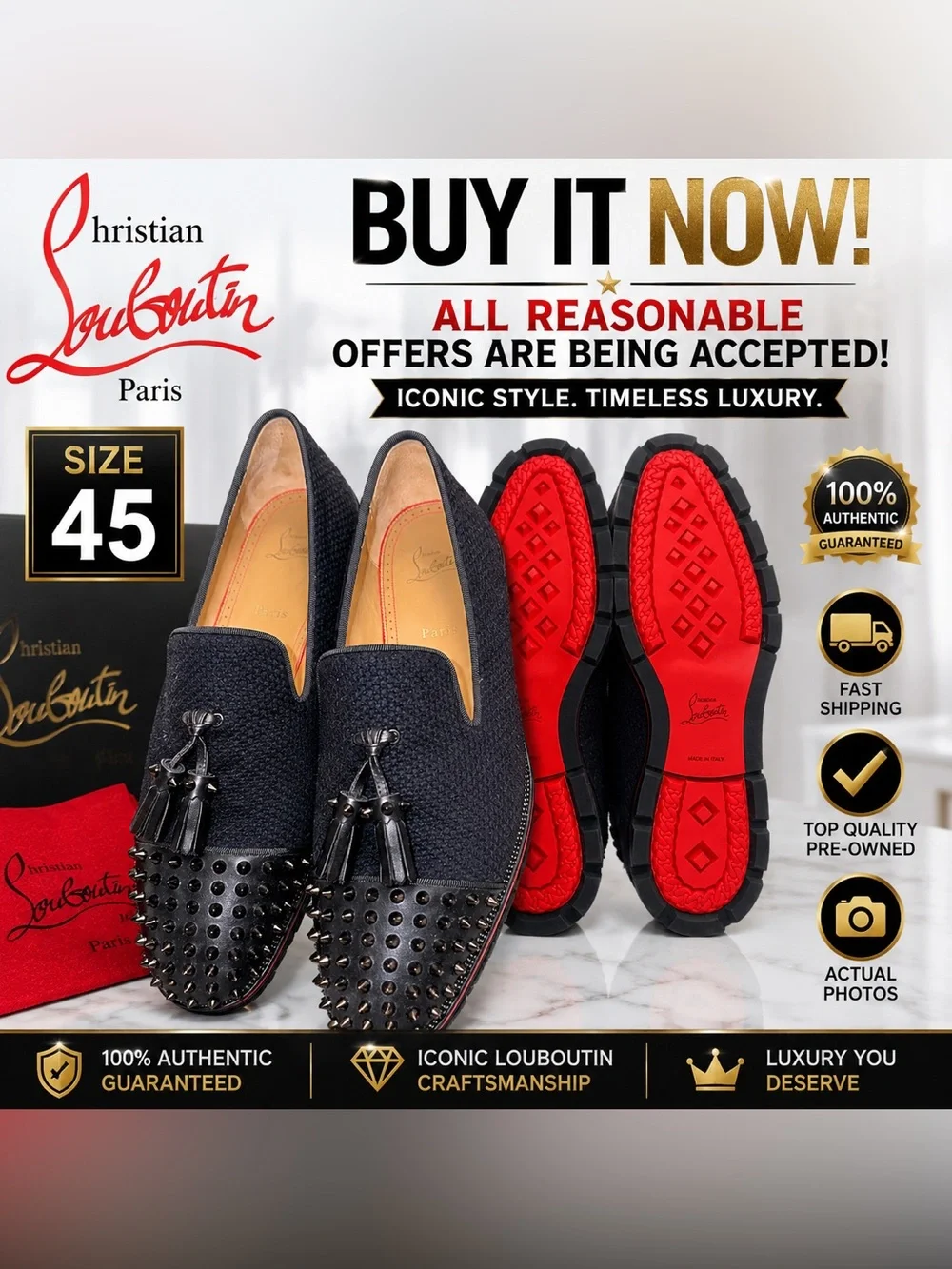 🔥 CHRISTIAN LOUBOUTIN MEN’S STUDDED LOAFERS – SIZE 45 🔥
